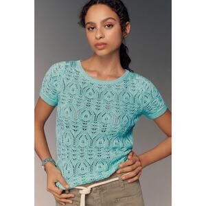 By Anthropologie Women's Blue Green Crochet Stitched Sweater Tee Size Large